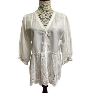 Stunning 3/4 sleeved V-neck button-down front eyelet embroidery white Korea